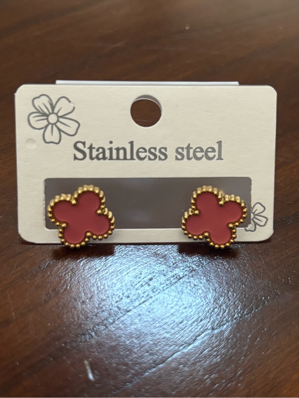 Stainless Steel Gold-Trim Coral Clover Stud Earrings